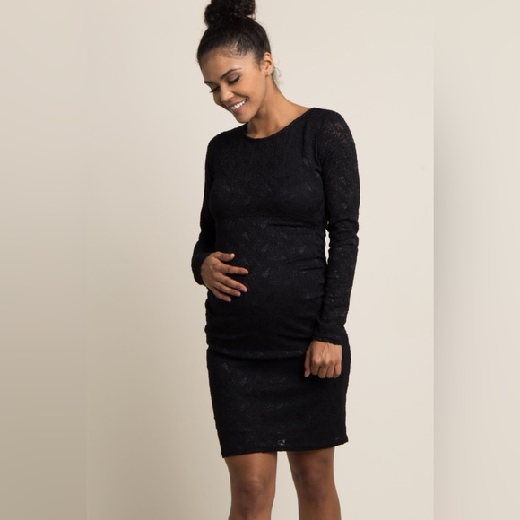 Pinkblush Black Lace Fitted Long Sleeve Maternity Dress Small - Picture 2 of 5